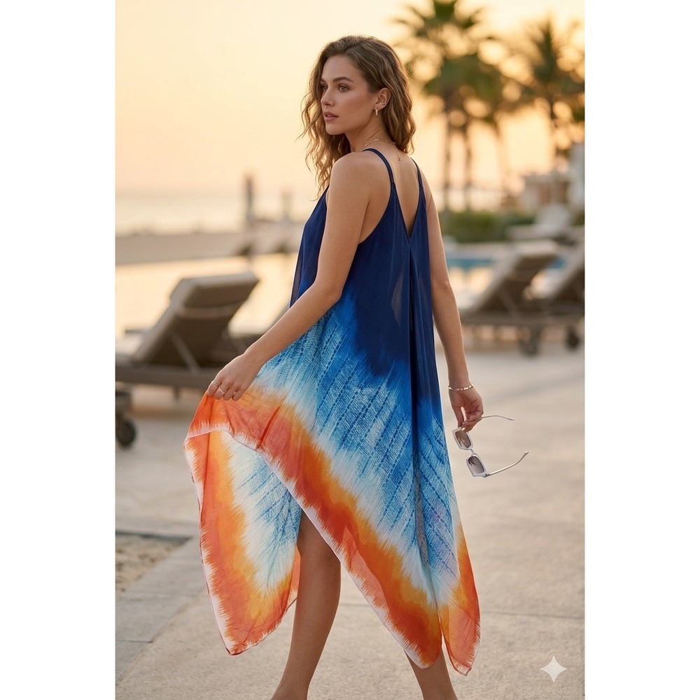John Paul Richard Tie Dye Ombre Handkerchief Hem Dress Navy Orange M1285901J